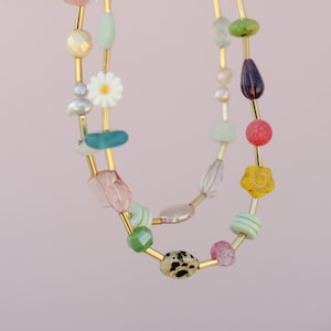 Colorful Beaded necklace, Crystal necklace, spring jewelry, gold beaded necklace, necklace with flowers, colorful statement jewelry,mariposa