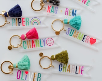 Personalized teachers gift, name keychain with tassel, custom name keychain, clear acrylic keychain, rainbow colored keychain, gift for her