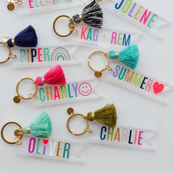 Personalized teachers gift, name keychain with tassel, custom name keychain, clear acrylic keychain, rainbow colored keychain, gift for her
