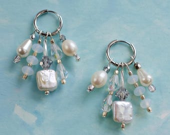 Handmade Silver Pearl Hoops Earrings, Stainless Steel Pearl Earrings