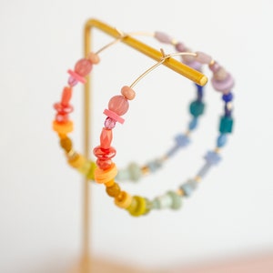 Rainbow Beaded hoops, Anniversary gift, gift for her, gold filled earrings, statement earrings, Large hoops, bright earrings, Pride earrings