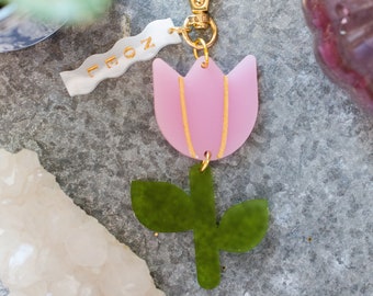 Acrylic Flower Keychain, Flower Name Keychain, Custom Gift, Personalized Flower keychain, Acrylic keychain with name, pink keychain,