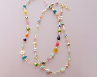 Collier d'amitié en perles colorées, collier de fleurs, collier multicolore, collier ras de cou, collier superposé, collier de perles semi-précieuses