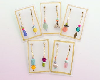 Beaded dangle earrings, mix and match earrings, colorful dangle earrings, gemstone earrings, chain earrings, mis match earrings, colorful