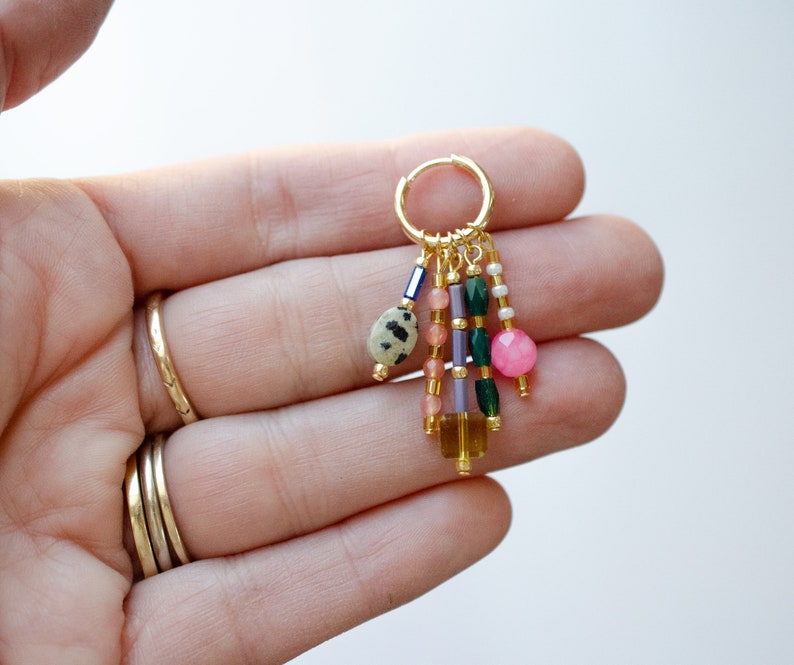 Colorful dangle earrings, Beaded charm earrings, Colorful hoop earrings, maximalism, dangle huggie hoops, statement earrings, bright hoops image 5