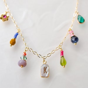 Pearl Initial Charm Necklace, Personalized initial necklace, colorful initial necklace, Pearl charm necklace, Custom charm necklace,