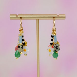 Colorful dangle earrings, Beaded charm earrings, Flower hoop earrings, daisy dangle , dangle huggie hoops, statement earrings, bright hoops image 5