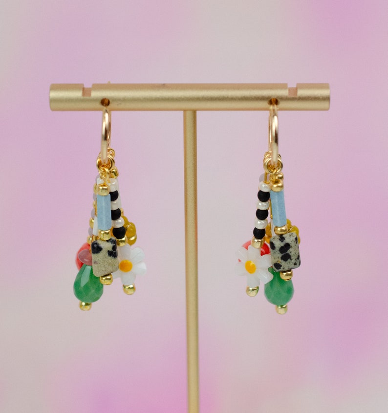 Colorful dangle earrings, Beaded charm earrings, Flower hoop earrings, daisy dangle , dangle huggie hoops, statement earrings, bright hoops image 5