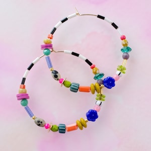 Colorful gold filled hoops, Large hoop earrings, statement earrings, seed bead hoops, colorful earrings, flower hoops earrings