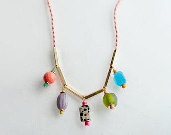 Colorful beaded necklace, Charm necklace, Statement necklace, Beaded rope necklace, eclectic beaded necklace, handmade beaded necklace,