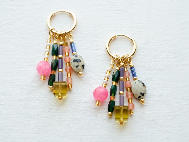 Colorful dangle earrings, Beaded charm earrings, Colorful hoop earrings, maximalism, dangle huggie hoops, statement earrings, bright hoops image 7