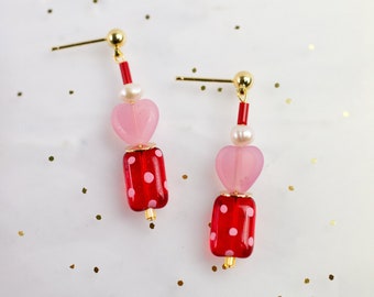 Pink heart earrings, Valentines day earrings, Valentines day gift, pink and red earrings, polka dot earrings, heart dangle earrings,