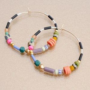 Colorful Beaded hoops, Large hoop earrings, gold filled hoops, statement earrings, seed bead hoops, colorful earrings, gift for friend image 3