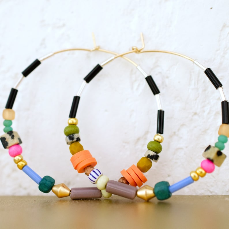 Colorful Beaded hoops, Large hoop earrings, gold filled hoops, statement earrings, seed bead hoops, colorful earrings, gift for friend image 4