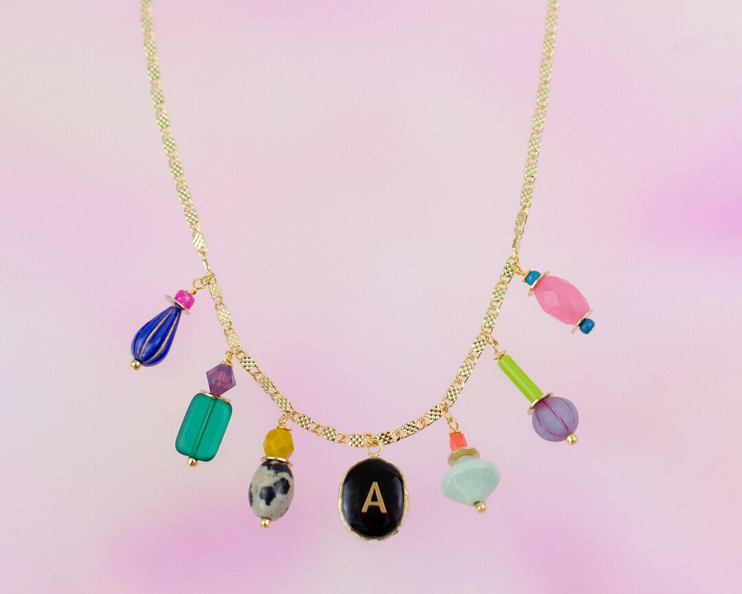 Custom Charm Necklace, Colorful Initial Charm Necklace, Personalized ...