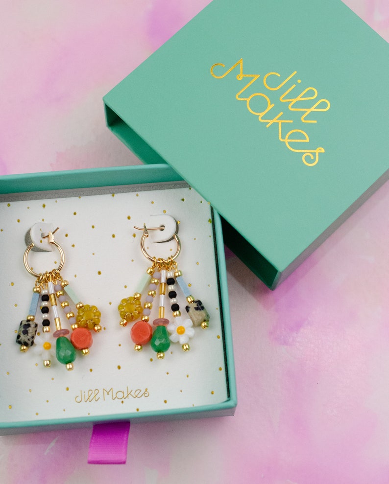 Colorful dangle earrings, Beaded charm earrings, Flower hoop earrings, daisy dangle , dangle huggie hoops, statement earrings, bright hoops image 6