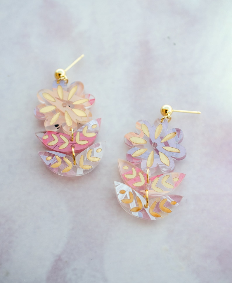 Pink flower earrings acrylic earrings flower jewelry image 8