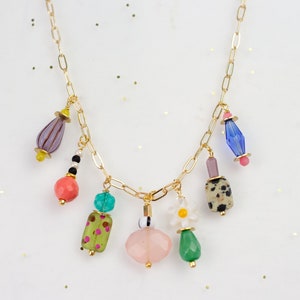 Beaded Charm Statement Necklace, Multi Charm necklace, Colorful beaded necklace, Flower charm necklace, Charm choker necklace,
