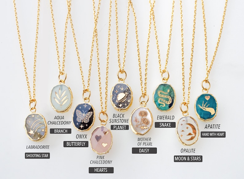 Gemstone Birthstone Necklace, Butterfly necklace, flower necklace, hearts, celestial necklace, snake necklace Saturn, gemstone necklace image 2