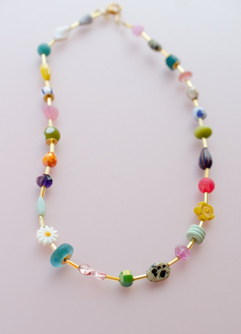 Colorful beaded friendship necklace, flower necklace, multicolored necklace, choker necklace, layering necklace, semiprecious bead necklace image 2