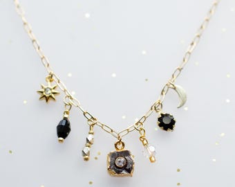 Moon and Star Black Onyx Charm Necklace