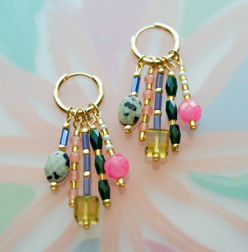 Colorful dangle earrings, Beaded charm earrings, Colorful hoop earrings, maximalism, dangle huggie hoops, statement earrings, bright hoops image 4