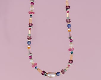 Colorful Pearl Beaded Necklace, Multicolor Gemstone Necklace, Freshwater Pearl Necklace, Pink Beaded Jewelry