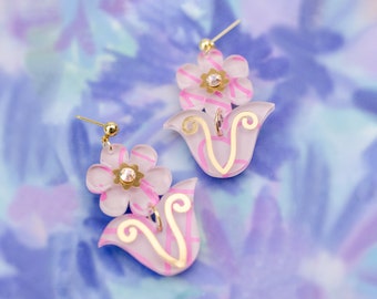 Pink flower earrings, acrylic dangle earrings, hand-painted earrings, flower statement earrings, handmade earrings, spring earrings