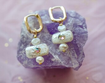 Mother of Pearl Earrings | Gold Hoop Earrings | Swarovski Rhinestone Details | Minimal Pearl Jewelry