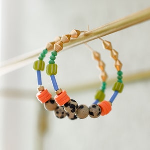 Colorful Beaded hoops, gold filled hoops, natural stone earrings, statement earrings, colorful jewelry, gold hoop earrings, seed bead hoops