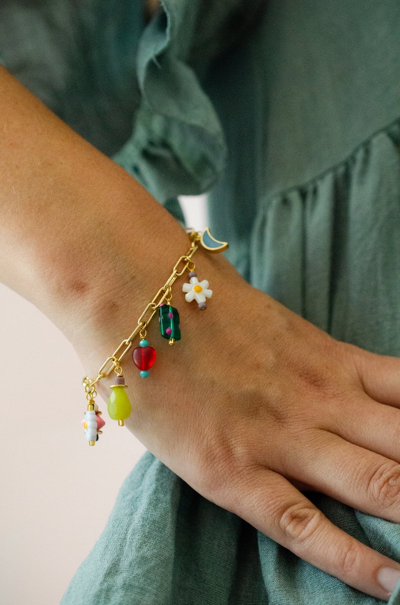 Colorful charm bracelet, gold charm bracelet, multi charm bracelet, handmade bracelet,Celestial charm Bracelet, Flower bracelet, moon charm 画像 8