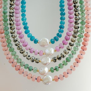 Pearl and gemstone necklace, Beaded statement necklace, Dalmatian stone necklace, Quartz beaded necklace, Rondelle Beaded Necklace