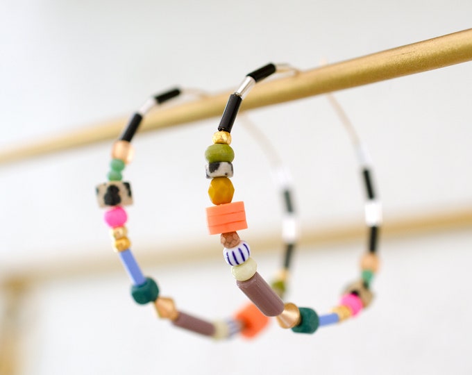 Colorful Beaded hoops, Large hoop earrings, gold filled hoops, statement earrings, seed bead hoops, colorful earrings, gift for friend