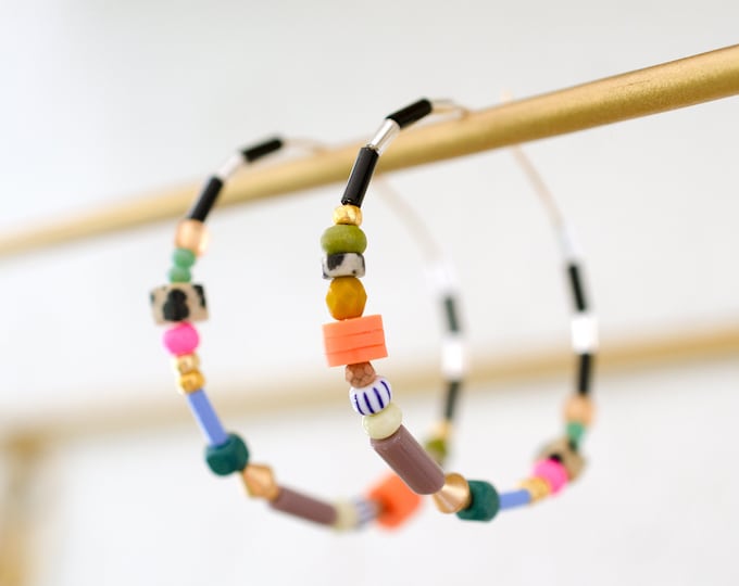 Colorful Beaded hoops, Large hoop earrings, gold filled hoops, statement earrings, seed bead hoops, colorful earrings, gift for friend