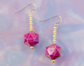 Fuchsia Hexagon Acrylic Earrings, Seed bead earrings, Colorful earrings, Hot Pink dangle earrings, gift for her, unique earrings,