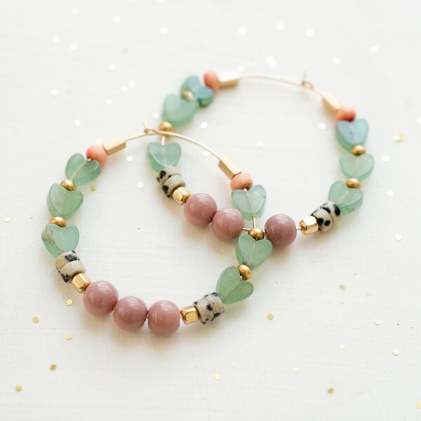 Beaded heart hoops, gold filled, natural stone, statement earrings, colorful jewelry, gold hoop earrings, Anniversary gift, jade hearts