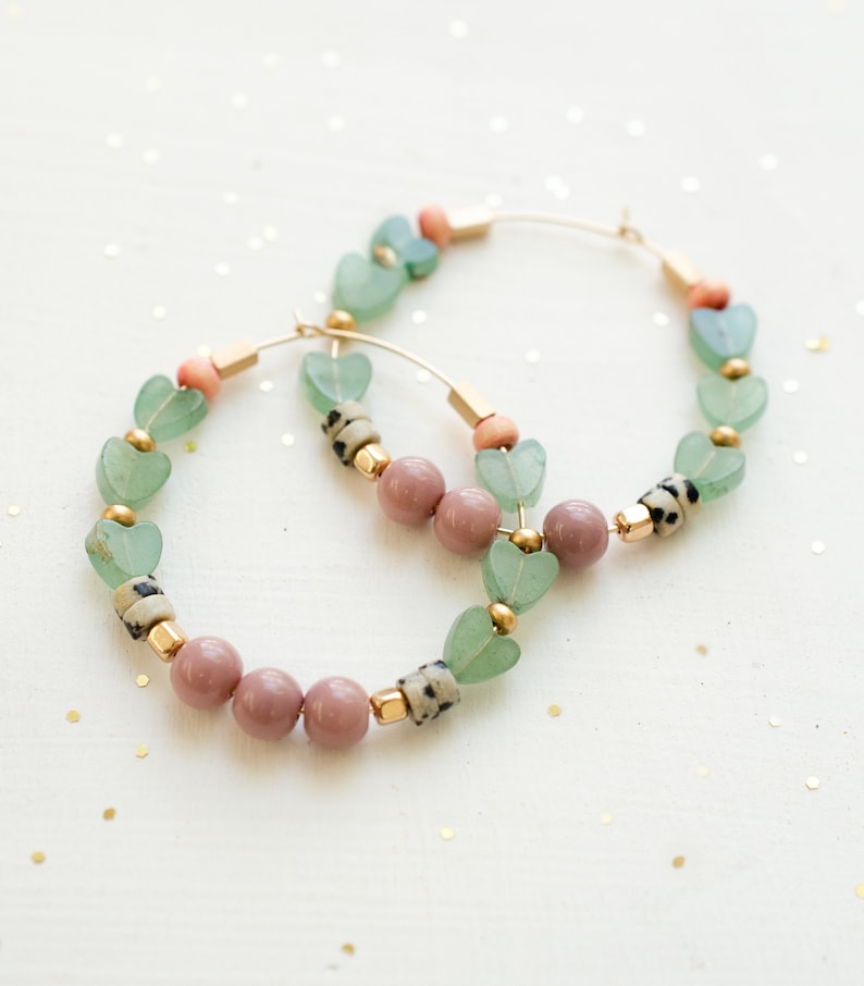 Beaded heart hoops, gold filled, natural stone, statement earrings, colorful jewelry, gold hoop earrings, Anniversary gift, jade hearts image 1