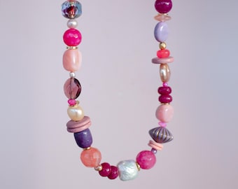 Chunky Pink Beaded Necklace, Pearl & Gemstone Strand, Bright Statement Jewelry
