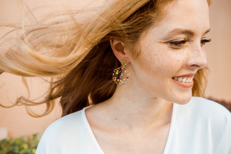 Colorful dangle earrings, geometric statement earrings, pride earrings, terrazzo jewelry, confetti earrings, bold plastic earrings, rainbow image 2
