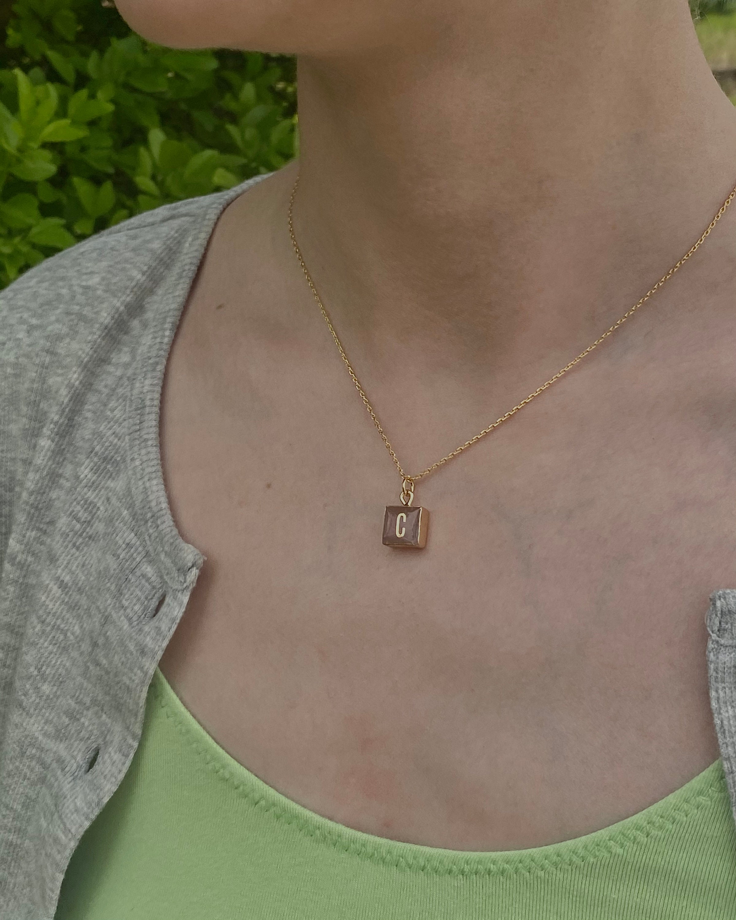 Gemstone Initial Necklace, Rose Quartz Bar Necklace, Gold