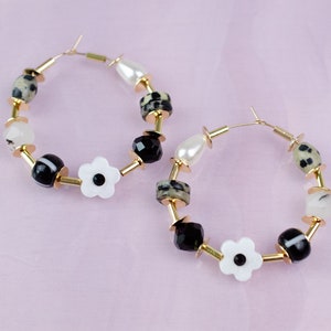 Black and white Beaded hoops, gold filled hoops, everyday lightweight hoops, black beaded hoops, white beaded hoops, flower beaded hoops