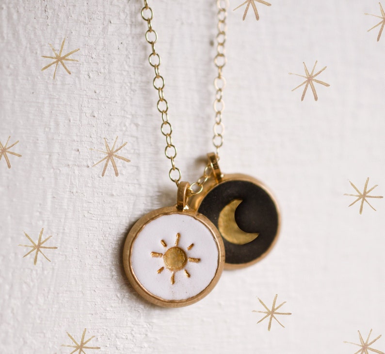 Sun and moon necklace, astrology pendant, Celestial Jewelry ,bridesmaid gift, gold moon necklace, crescent necklace, circle pendant, dainty image 2