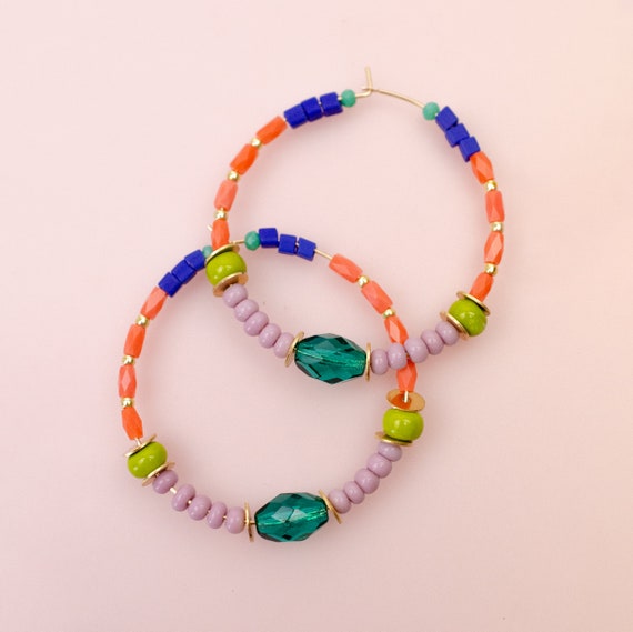Colorful Seed Beaded Hoops, Lightweight earrings, Large Hoops, Gold filled earrings, beaded earrings, Colorful earrings, statement earrings