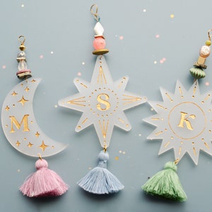 Ornement céleste, Ornement personnalisé, Ornement initial personnalisé, Ornement de perles, Ornement étoile, Ornement de pampille, Ornement de lune