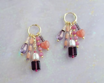 Handmade Heart Charm Earrings | Pink & Pearl Beaded Dangle Earrings | Gold Hoops Charm Earrings| Valentines Day Earrings