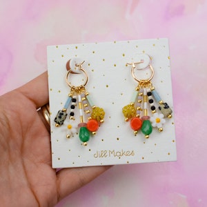 Colorful dangle earrings, Beaded charm earrings, Flower hoop earrings, daisy dangle , dangle huggie hoops, statement earrings, bright hoops image 3