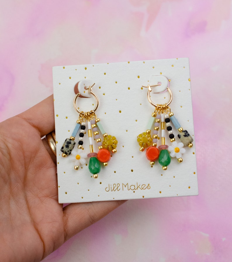 Colorful dangle earrings, Beaded charm earrings, Flower hoop earrings, daisy dangle , dangle huggie hoops, statement earrings, bright hoops image 3