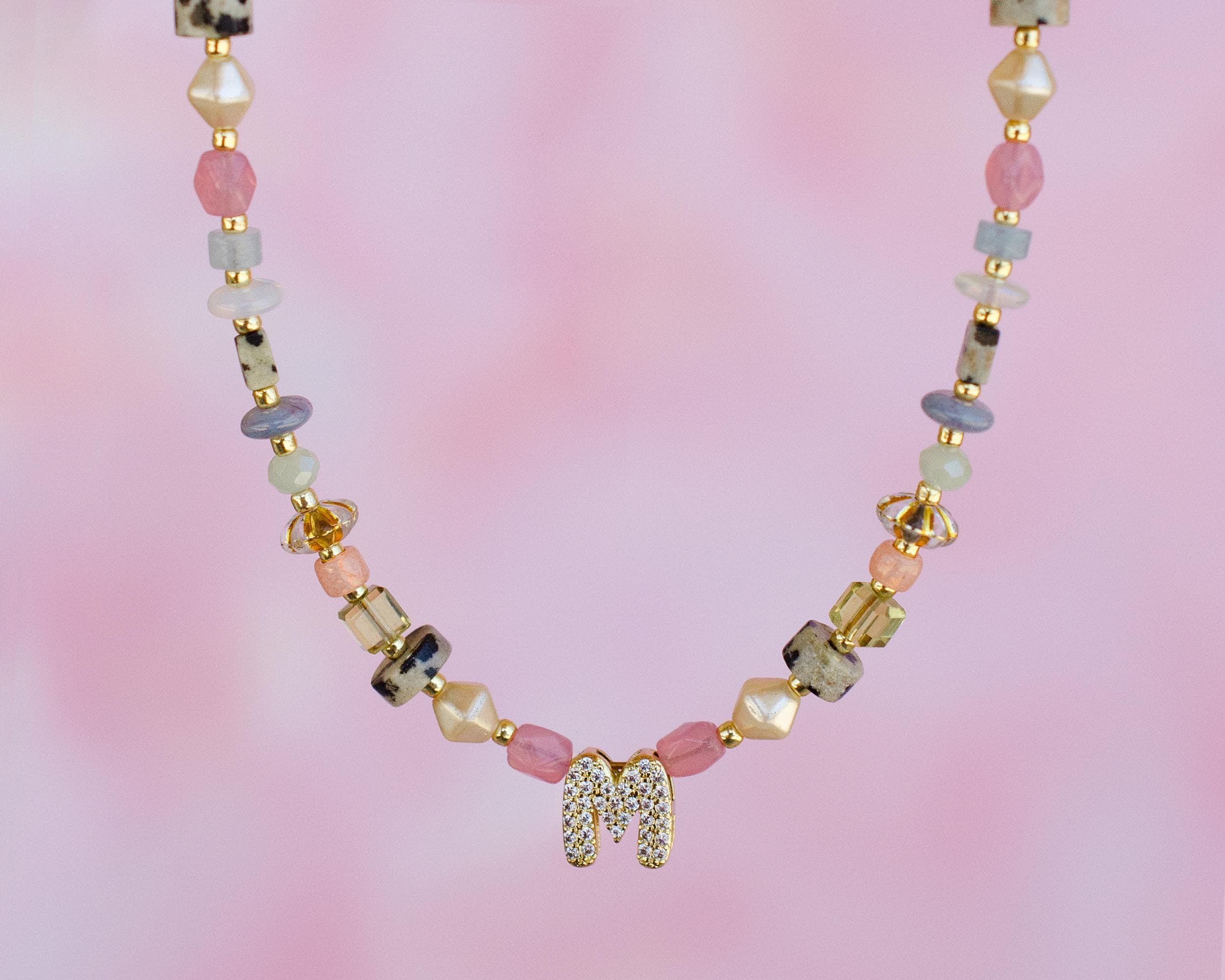 Rhinstone initial beaded necklace, Dainty Letter Necklace, gift for best friend, Personalized colorful necklace, Handmade initial jewelry,