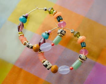 Colorful Large Beaded Hoop Earrings, Rainbow Beaded Seed Bead Hoop Earrings