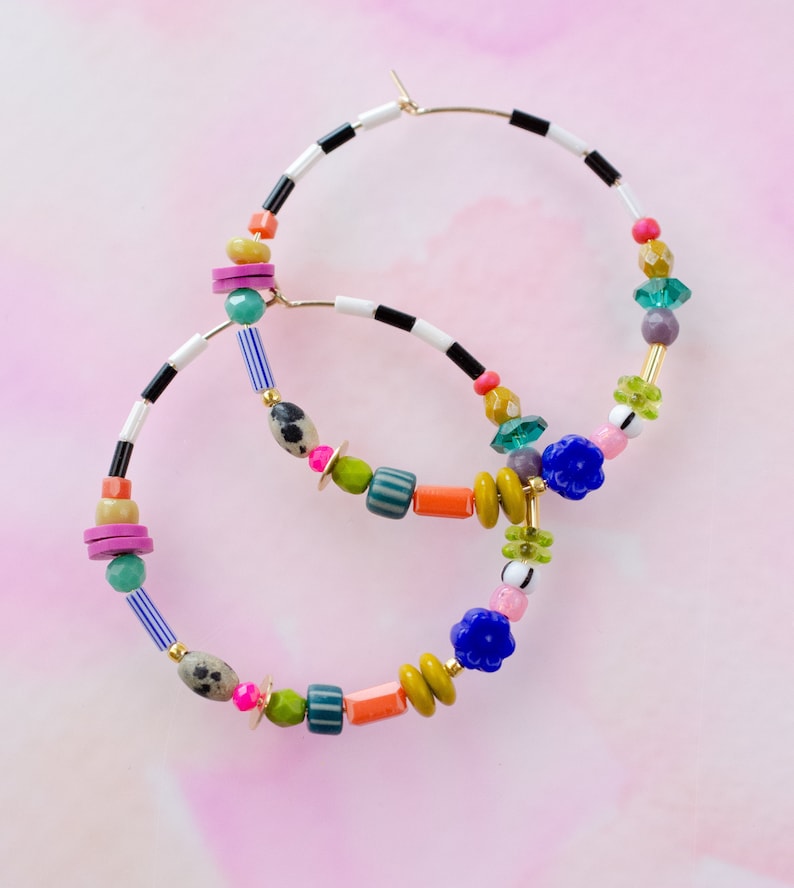 Colorful Beaded Hoops, Large Hoop Earrings, Gold Filled Hoops ...